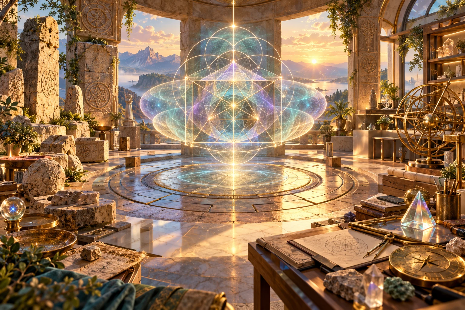 Conceptual illustration of luminous geometry joining an open laboratory with an imagined ancient stone setting