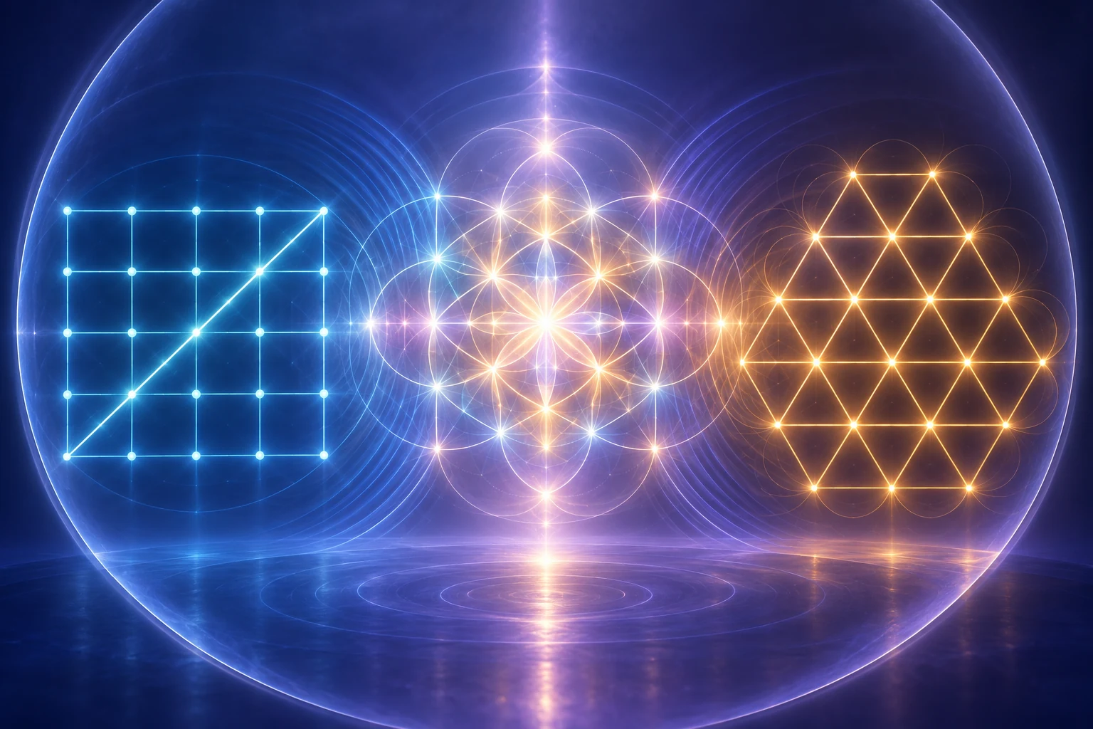 Conceptual diagram with a blue square lattice and diagonal on the left, a golden triangular lattice on the right, and overlapping circles at the center