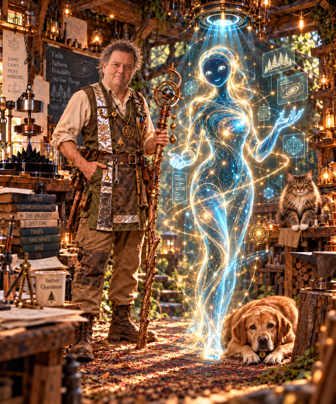 A warm imaginative portrait of Darren beside a luminous AI collaborator in a woodland workshop, accompanied by a cat and dog